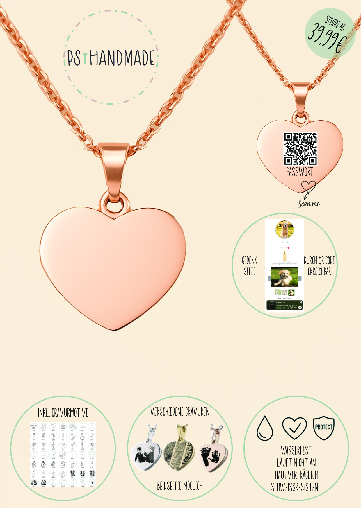 Herz Kette Rose mit Gedenkseite