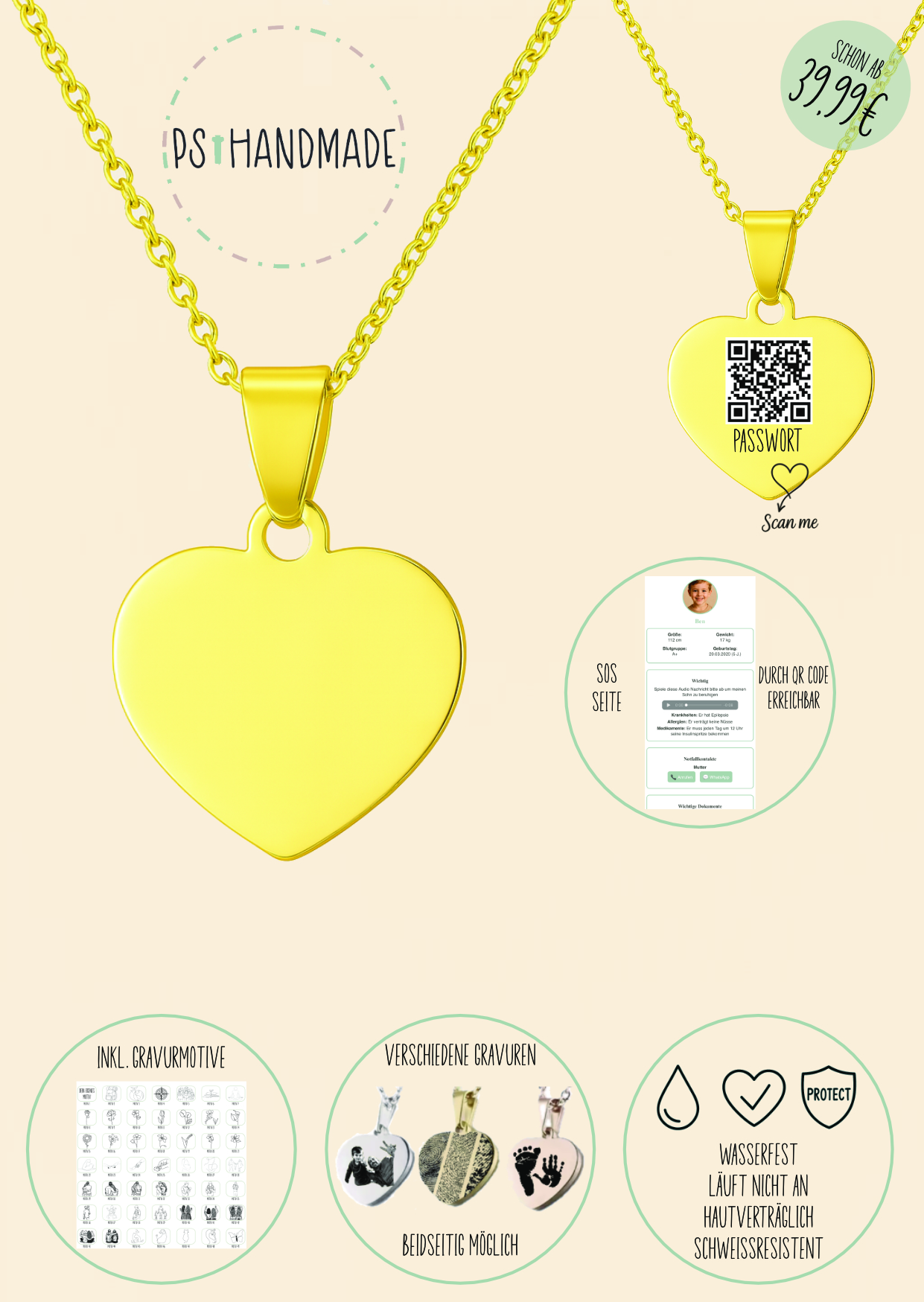 Herz Kette Gold mit SOS-Seite