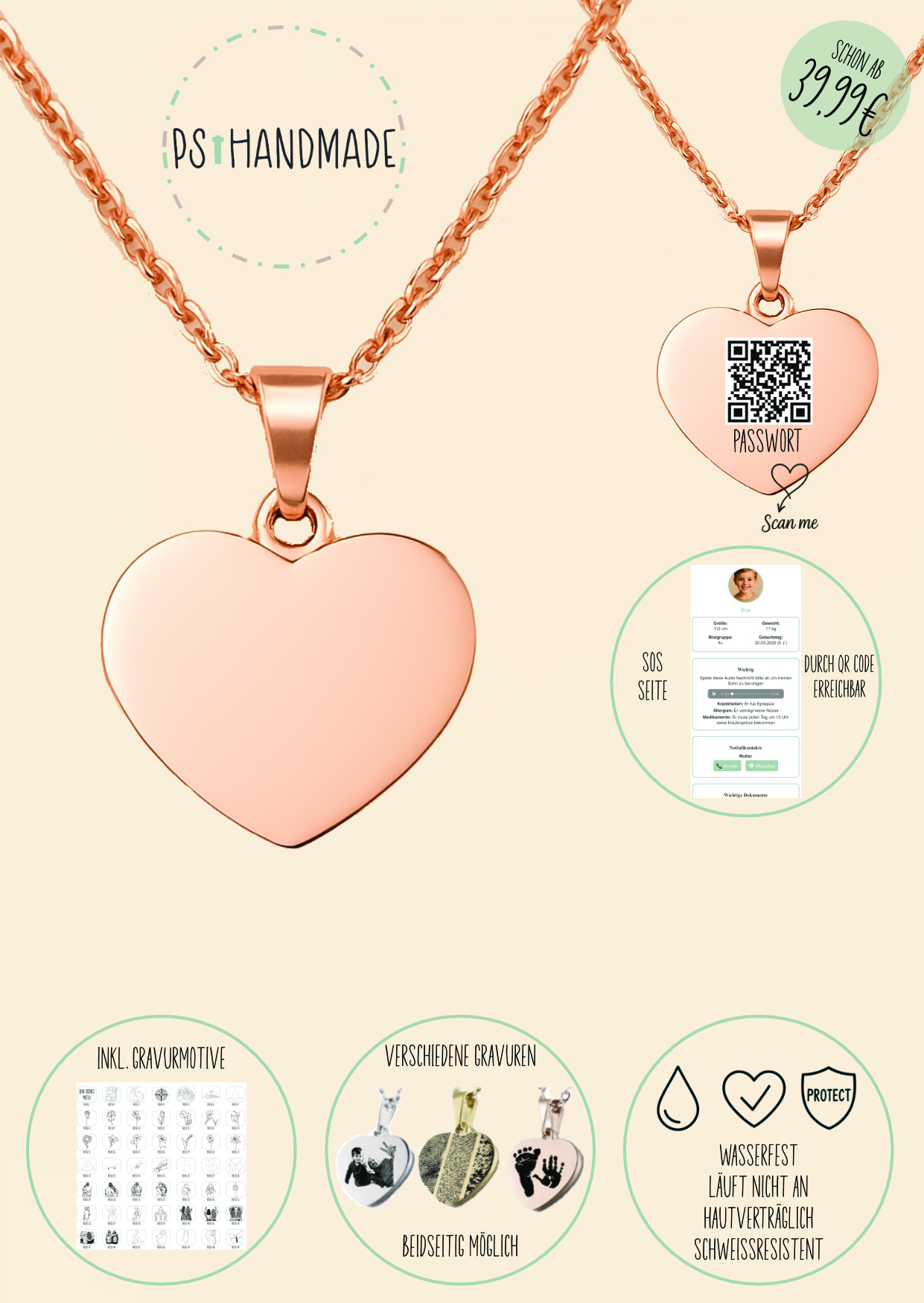 Herz Kette Rose mit SOS-Seite