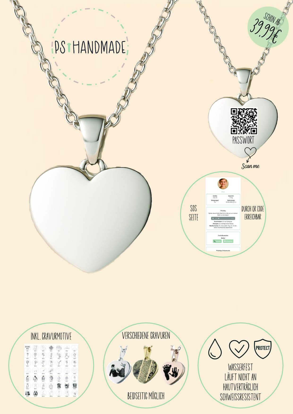 Herz Kette Silber mit SOS-Seite
